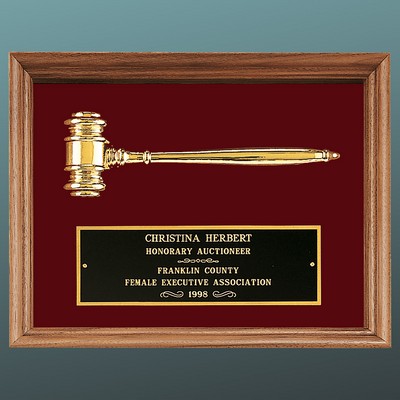 Solid Walnut Framed Gavel Plaque, Red Velour Background and Gold Gavel, 10"x13"