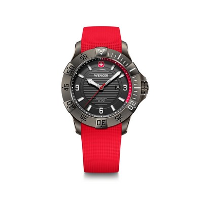 Seaforce 43mm, black ice case/bezel, black dial, red silicone strap
