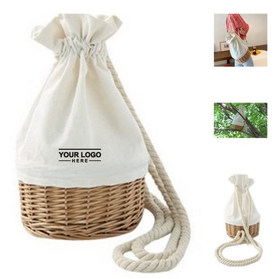 Rattan Drawstring Bucket Bag