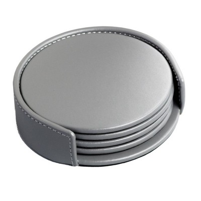 Gray Leather 4 Round Coaster Set w/ Holder