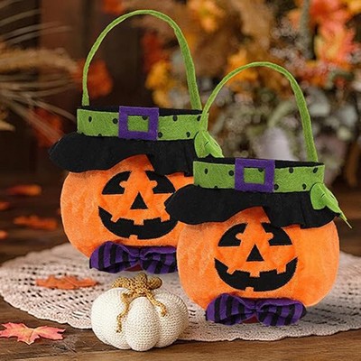 10'' Halloween Trick Or Treat Candy Bag Pumpkin Shaped Buckets With Handle