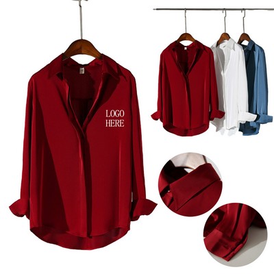 Premium Satin Long Sleeve Dressy Business Shirt Work Tops