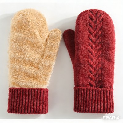 Winter Double Layer Knitted Mittens Fleece Lined Windproof Cold Weather Gloves