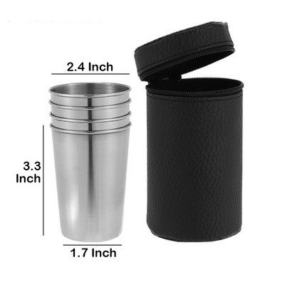 4 Pcs 304 Stianless Steel Shot Glass Drinking Vessel PU Leather Case