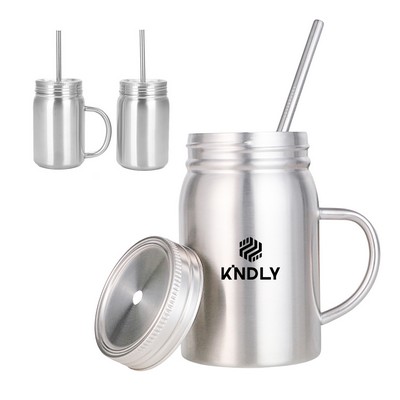 16 Oz Double Wall Insulated Mason Jar with Handle and Lid Straw