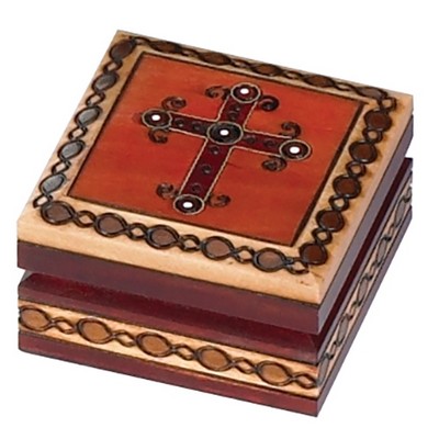 Light Brown Wood Rosary Box w/Cross & Border (2 3/4"x2 3/4"x1 5/8")