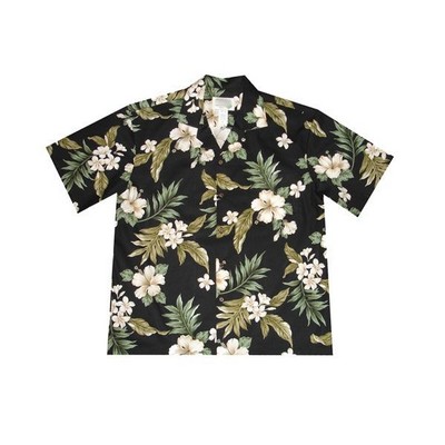 Black Hawaiian Shirt (S - 3XL in-stock) - 100% Cotton Poplin Tropical Print w/ Coconut Buttons
