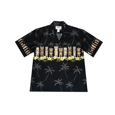 Black Hawaiian Shirt - 100% Cotton Poplin Tropical Print w/ Coconut Buttons (S - 3XL in-stock)