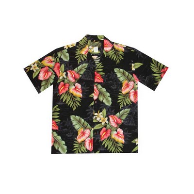 Black Hawaiian Tropical Print 100% Rayon Silky Feel Bahama Shirt