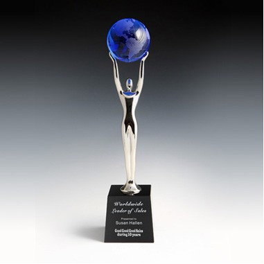 Blue Optical Crystal Globe Award on Black Optical Crystal
