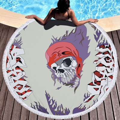 60" Round Microfiber Skull Beach & Picnic Towel for Halloween with Tassel Fringe