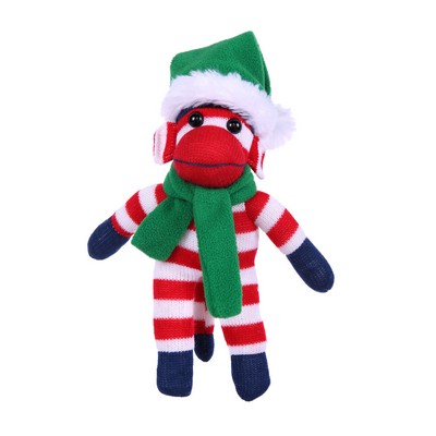 Patriotic Sock Monkey with Christmas Hat and Scarf
