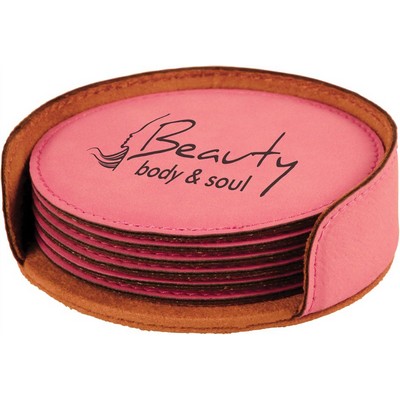 Round Coaster Set, Pink Faux Leather, 4" Dia