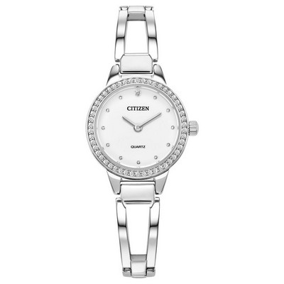 Citizen® Ladies' Quartz Silver-Tone Crystal Bangle Watch w/White Dial