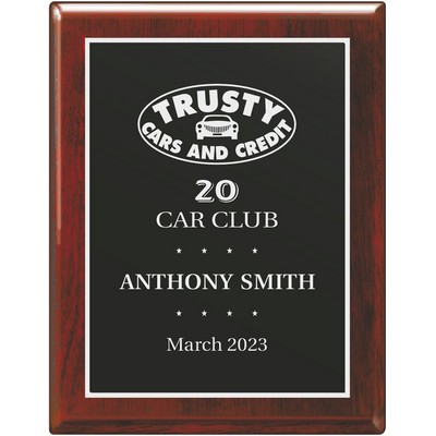 ROSEWOOD PIANO FINISH WOOD PLAQUE WITH BLACK & SILVER PLATE 7 x 9