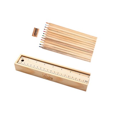 Wooden Ruler Box with 12 Pcs Colored Pencils