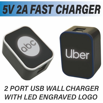 Dual USB 5V2A Quick Wall Charger w/LED Light Up Logo