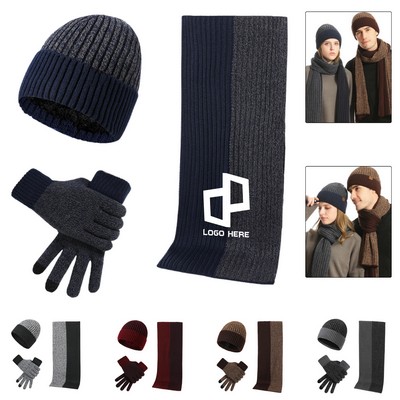 Two-Tone Winter Warm Beanie Gloves Set W/ Long Scarf