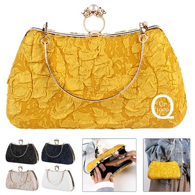 Pearl Ring-Buckle Pleated Clutch Bag