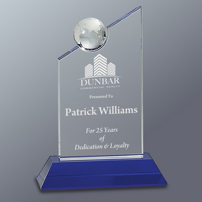 Crystal Pinnacle Plaque with Inset Globe on Blue Base, 8-1/4"H