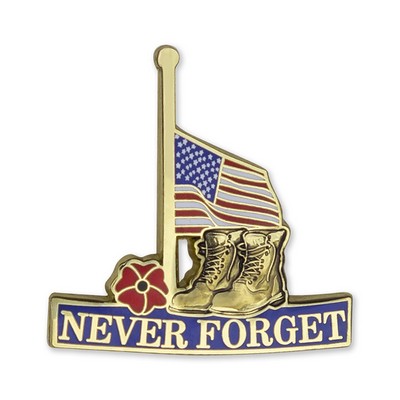 1 1/4" "Never Forget" Half Mast American Flag w/Military Boots and Red Poppy Lapel Pin
