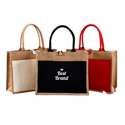 Linen Jute Tote Bag With Button Closure