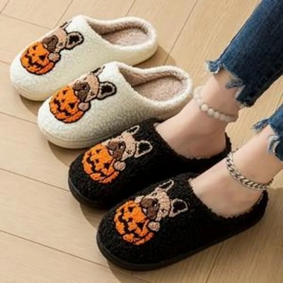 Halloween Pumpkin Dog Embroidered Slippers