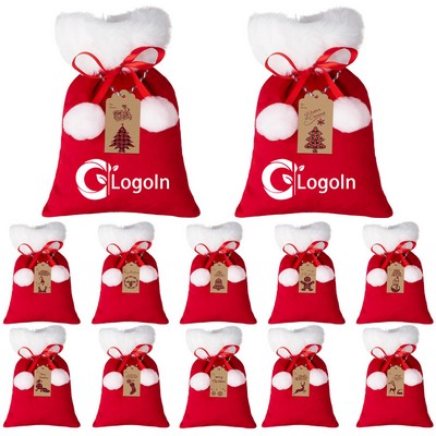 Christmas Velvet Santa Gift Wrap Bag with Drawstring White Poms