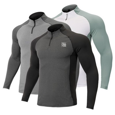 1/4 Zip Stand Collar Colorblock Long Sleeve Quick-Dry Shirt