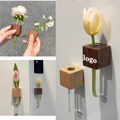 Solid Wood Magnetic Flower Vase For Refrigerator