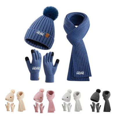 Winter Knitted Beanie Hat Scarf Glove Set