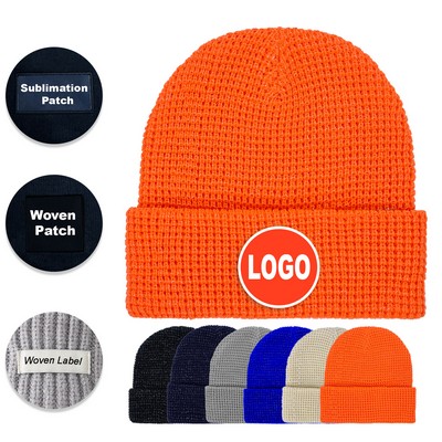 Shiny Waffle Knit Cuffed Beanie (Unisex)