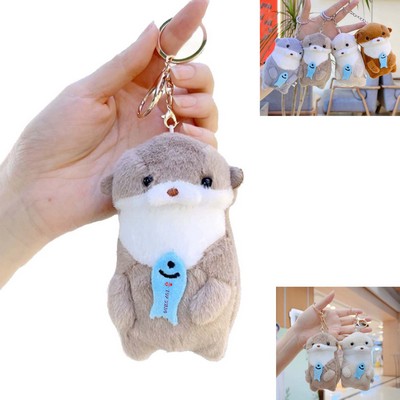 5" Standing Otter W/ Fish Plush Toy Keychain