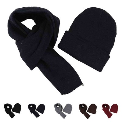 Soft Thick Fleece Lined Winter Hat Beanie Long Scarf Set Skull Cap