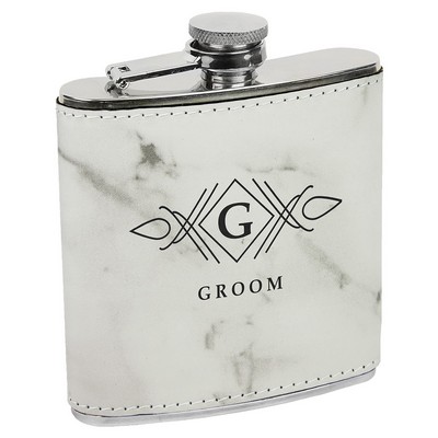 White Marble 6oz Leatherette Stainless Steel Flask - Laser Engraves to Black