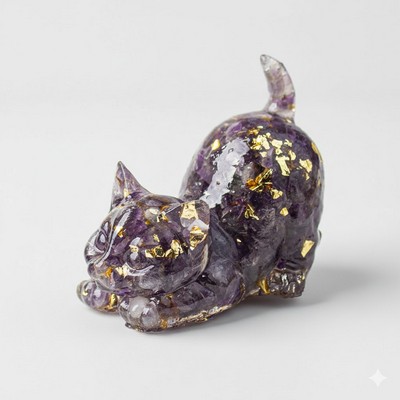 Natural Crystal Resin "Happy Tail" Cat Handmade Gemstone Kitten Figurine Office Living Room
