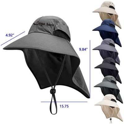 Wide Brim Fishing Cap with Neck Drawstring and Neck Flap