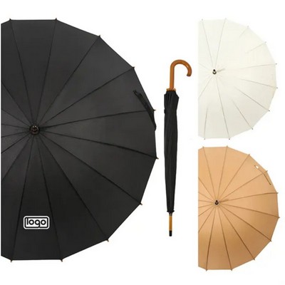 Auto Open 16-Rib Wooden Handle Windproof Umbrella
