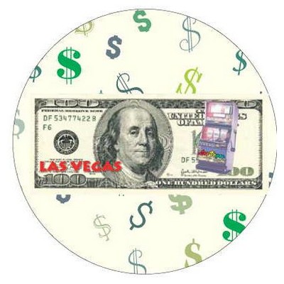 Vegas Slot Machine on $100 Bill Round Badge w/ Bar Pin (2.5" Diameter)