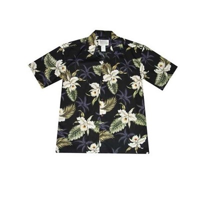 Black Hawaiian Shirt (S - 3XL in-stock) - 100% Cotton Poplin Tropical Print w/ Coconut Buttons