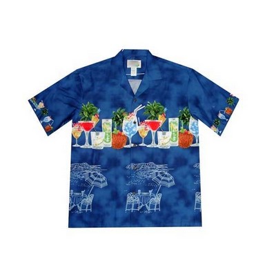 Navy Hawaiian Shirt - 100% Cotton Poplin Tropical Print w/ Coconut Buttons (S - 3XL in-stock)