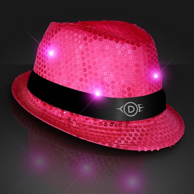 Sequin Pink LED Fedora Hats with Black Bands - PRINTED