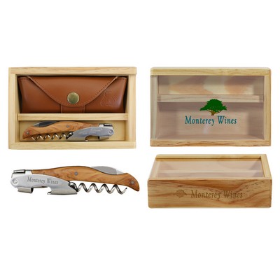 Laguiole Millesime® Genuine Olive Wood Corkscrew Set w/Box & Leather Pouch