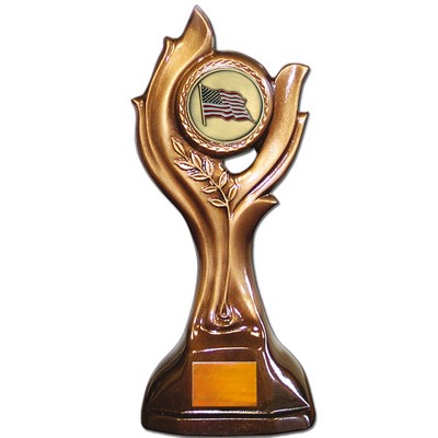 Stock 12" Victory Trophy With 2" US Flag Coin and Engraving Plate