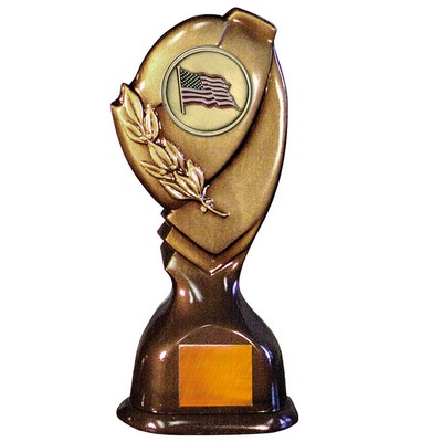 Stock Classic 10" Trophy with 2" US Flag Coin and Engraving Plate