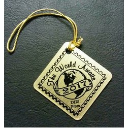 1.5" x 1.5" Diamond or square shaped ornament with a one color screened imprint and metallic string.