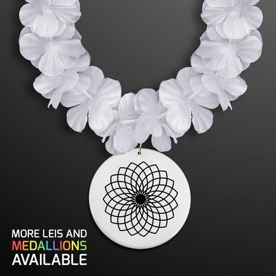 White Flower Lei Necklace with White Medallion (Non-Light Up) - PRINTED