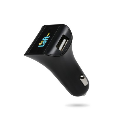 Car charger with 2 USB ports lights up your logo in color