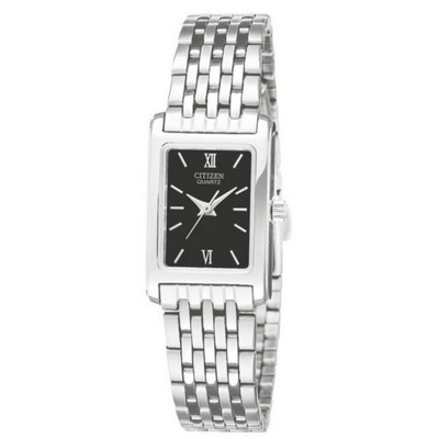 Citizen® Ladies Quartz Tank Style Stainless Steel Watch W/ Black Dial