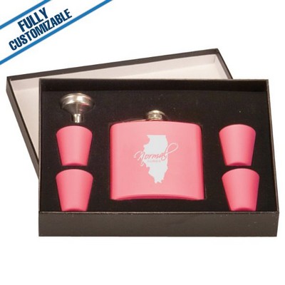 6 Oz. Matte Pink Flask Set w/4 Shots & Black Gift Box